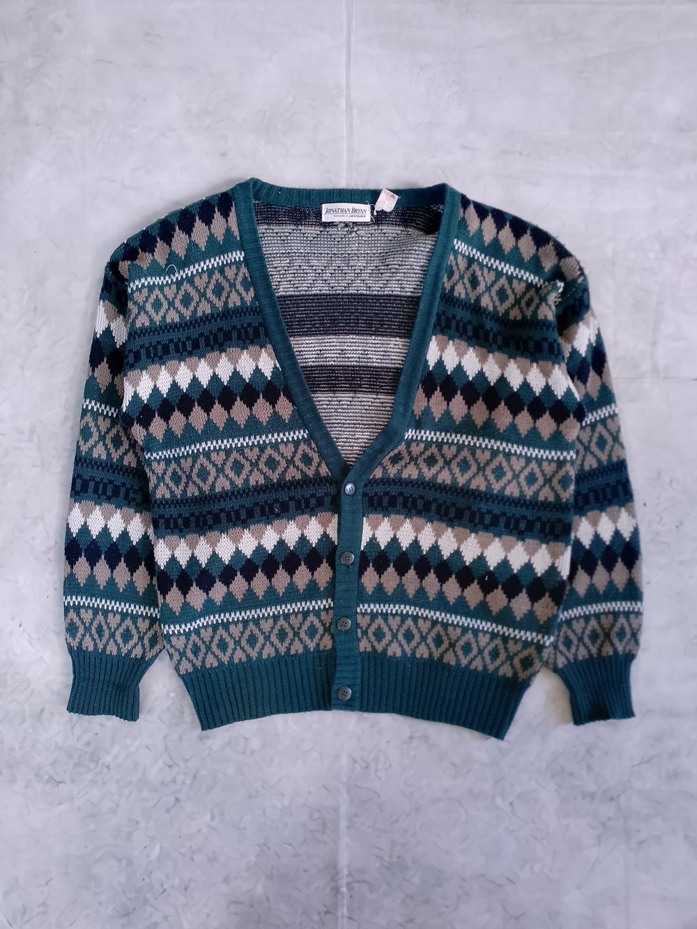 Vintage 90s Teal Patterned Men's Cardigan Sweater JONATHAN BRYAN