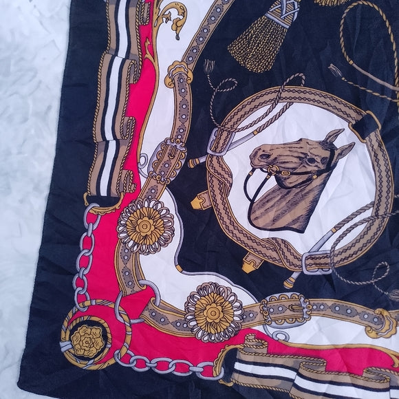 Vintage Equestrian Silk Scarf Horses & Harness Print Gold Red Black Brown 30”