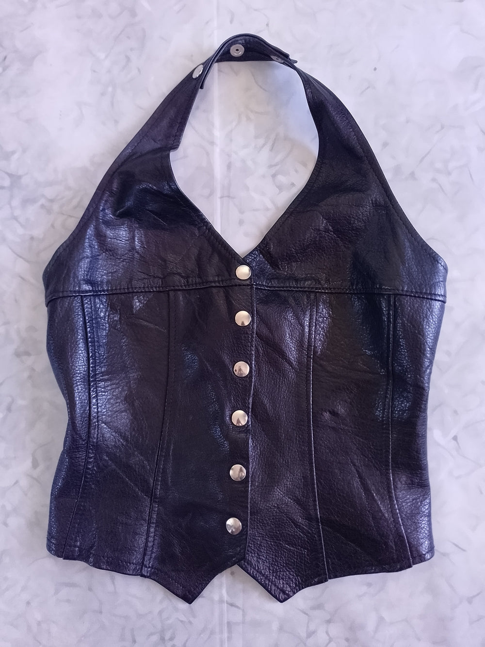 Vintage CUSTOM ELAINA for ON THE FRINGE Black Leather Halter Vest