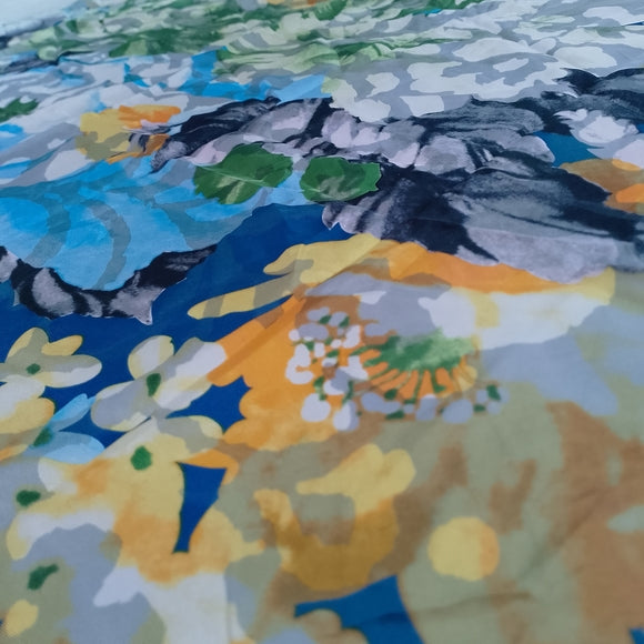 Vintage Floral Silk Scarf Blue Yellow White Vibrant 100% Silk