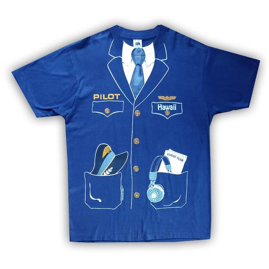 Vintage 1981 Hawaiian Pilot Uniform Tie Flight Plane Airline Costume T-Shirt