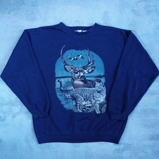 Vintage 90s Champions Choice Wildlife Deer & Cat Crewneck Sweater UNISEX