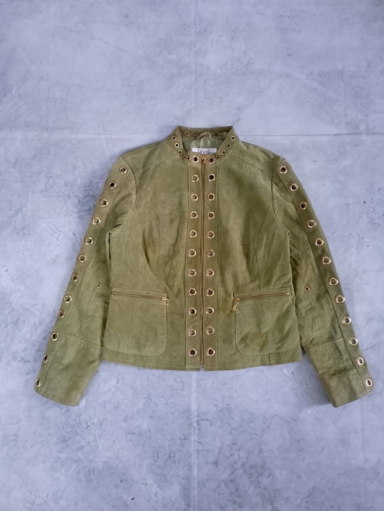 Aria Olive Green Suede Jacket with Gold Grommets