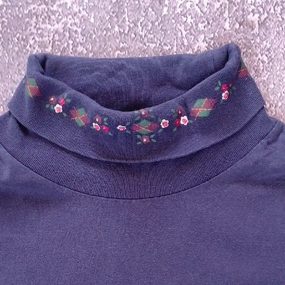 VINTAGE 90s Blue Turtleneck Sweater with FLORAL Collar