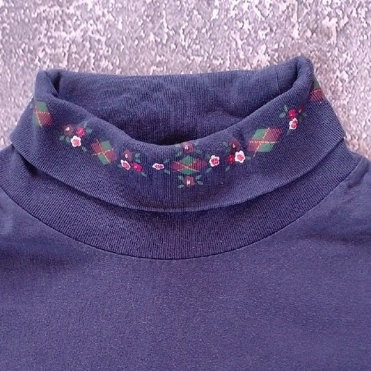 VINTAGE 90s Blue Turtleneck Sweater with FLORAL Collar