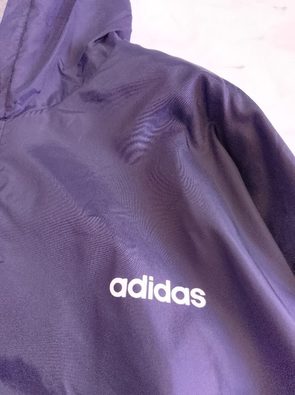Vintage 90s adidas Navy Hooded Windbreaker with the Classic White Stripe Accents