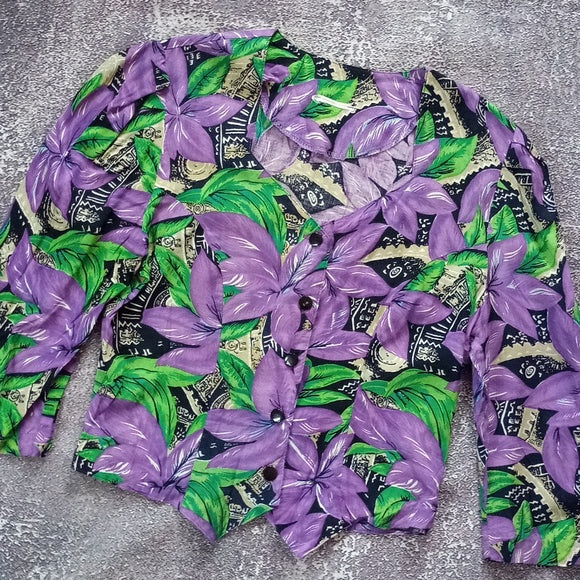 Vintage 90s Purple Floral Plant Print Blouse Button Shirt