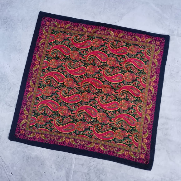 Vintage Paisley Silk Scarf Black Red Green Yellow 30” Square Neckerchief