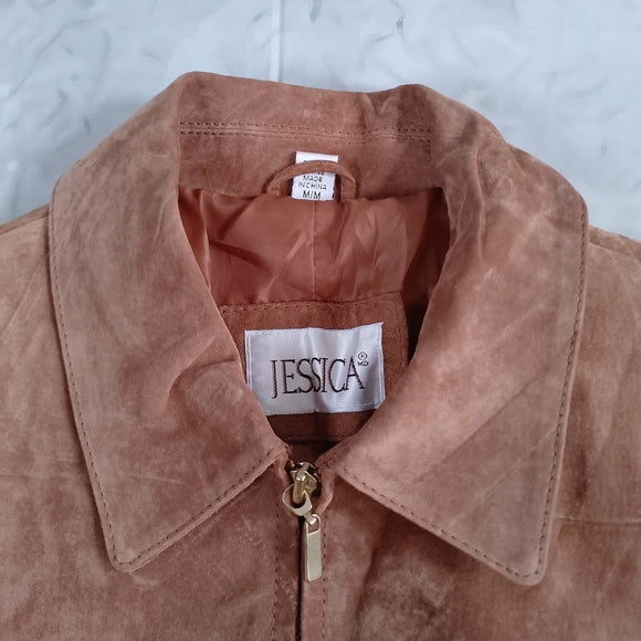 Vintage Leather Suede Zip-Front Jacket - Brown Jessica