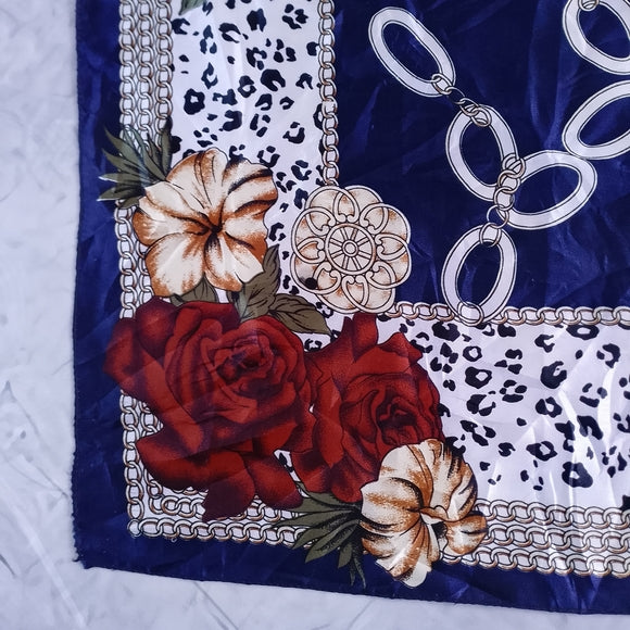 Vintage Shimmery Polyester Linen Scarf Burgundy Gold Blue Chain Print 35in