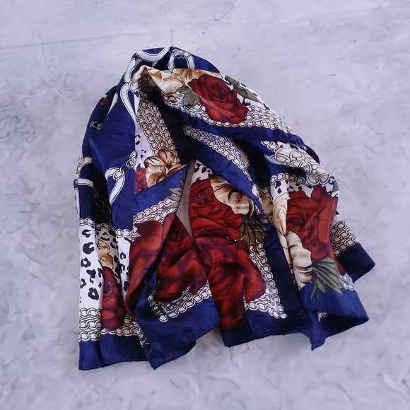 Vintage Shimmery Polyester Linen Scarf Burgundy Gold Blue Chain Print 35in