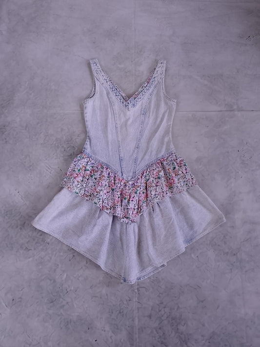 Vintage 80s 90s Acid Wash  Floral Ruffle Mini Short Dress