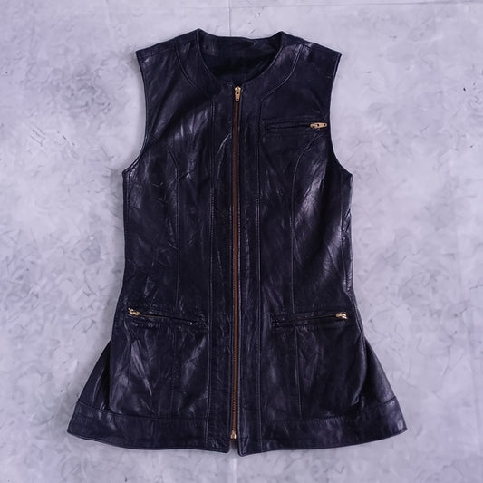 Vintage LIPTONS Black Leather Long Utility Vest Dress – Zipper Closure