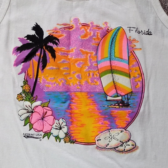 Vintage 90s FLORIDA Waterscape Art Print USA Tank Top 3D Puff