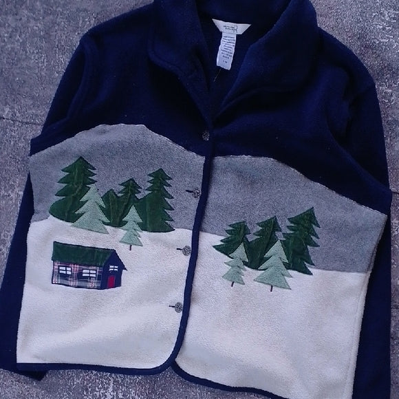 VINTAGE Cottage Winterscape Button Up Jacket Embroidery