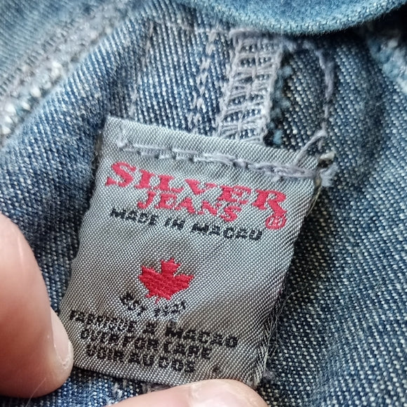 VINTAGE 90s SILVER JEANS DENIM FLARED OVERALLS BIB