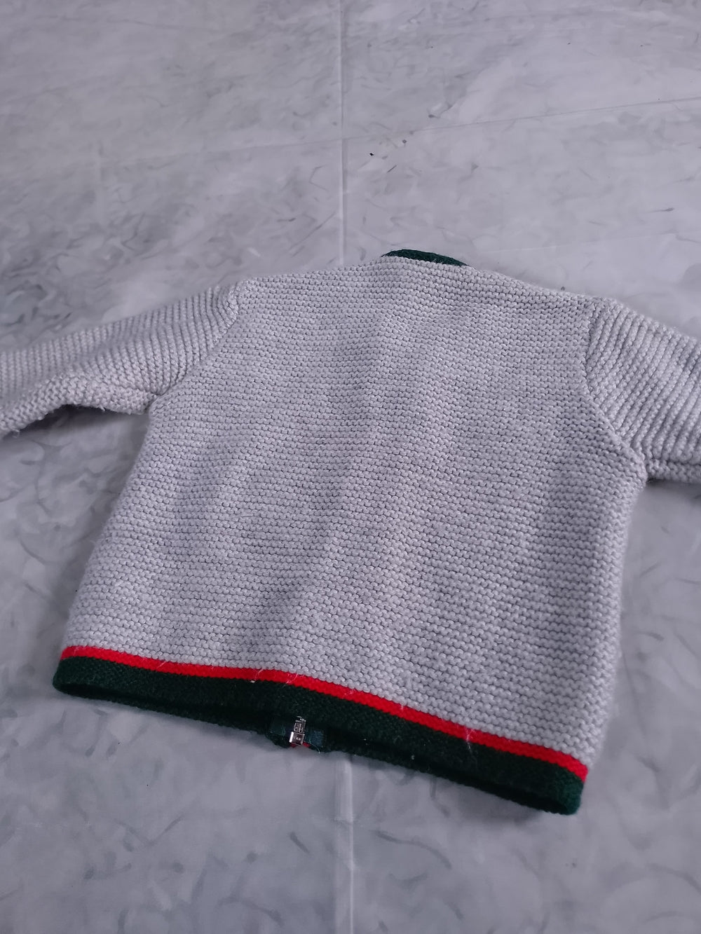 Vintage Green Reindeer & Red Trim Gray Knit Cardigan