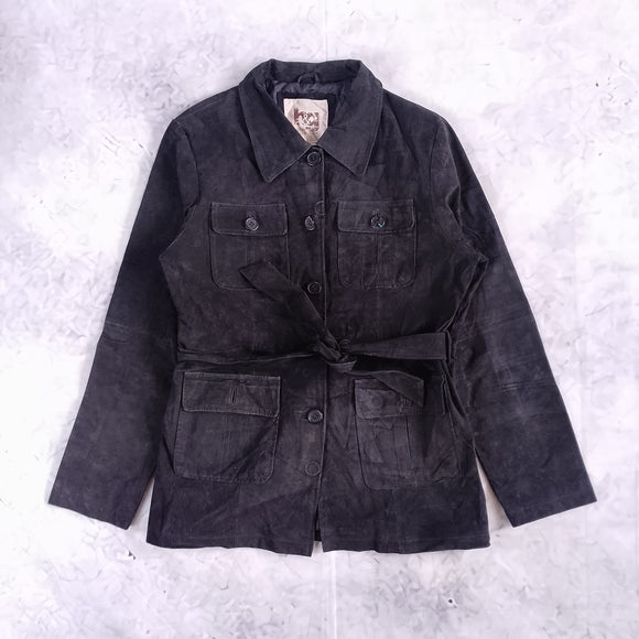 Vintage Women's Black Leather Suede Belted Jacket