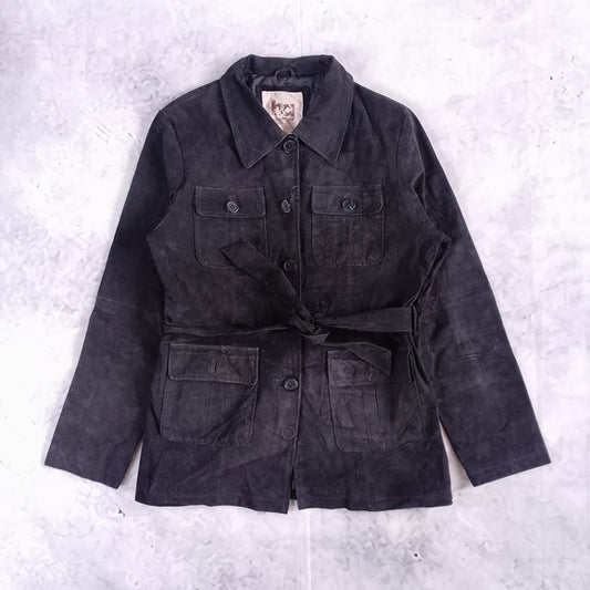 Vintage Women's Black Leather Suede Belted Jacket