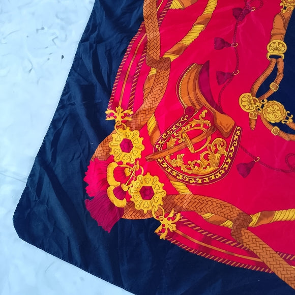 Vintage Luxury Equestrian Silk Scarf Saddle Tassels Horse Riding Print Red Black