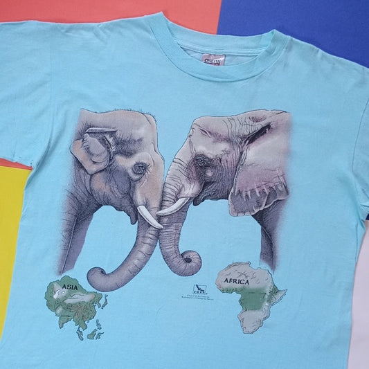 Vintage 1992 Asia & African Elephants Unit Big Print Single Stitch T-Shirt Doubl