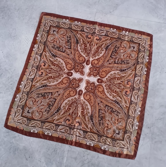 Vintage Paisley Square Scarf Brown Tan Paisley Print 25” Polyester Retro Scarf