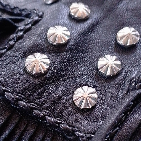 VINTAGE GENUINE LEATHER Black Leather Vest with Fringe and Studs