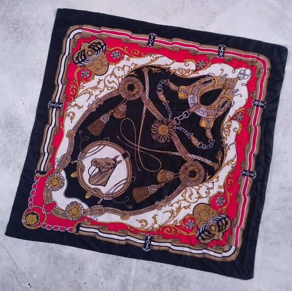 Vintage Equestrian Silk Scarf Horses & Harness Print Gold Red Black Brown 30”