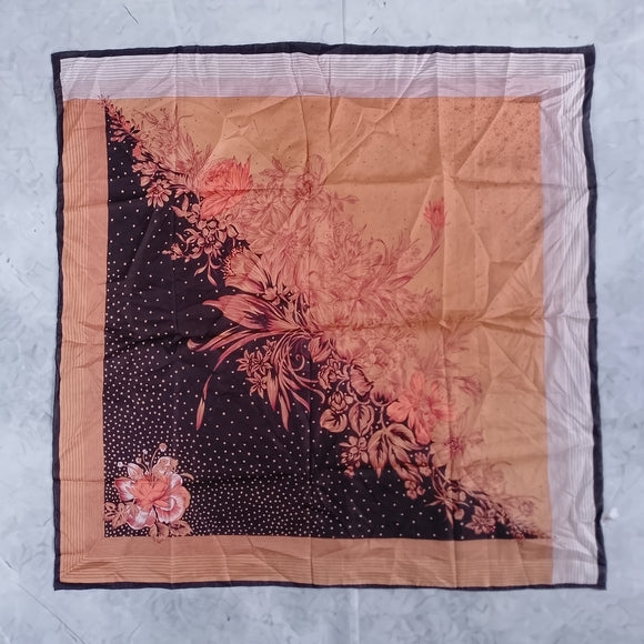 Vintage Floral Silk Scarf Hand Rolled Brown Yellow Orange Black 28in Made in China