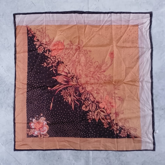 Vintage Floral Silk Scarf Hand Rolled Brown Yellow Orange Black 28in Made in China