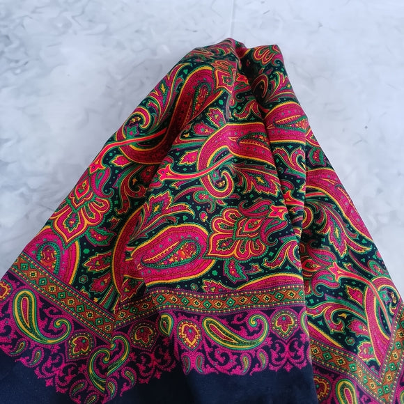 Vintage Paisley Silk Scarf Black Red Green Yellow 30” Square Neckerchief