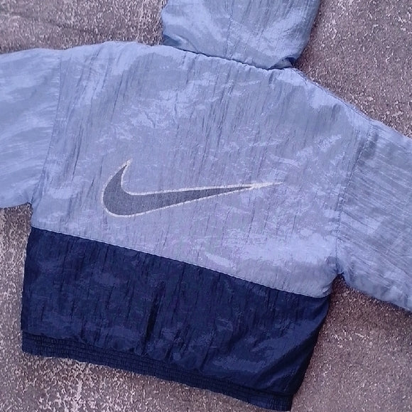 VINTAGE 90s NIKE Kids Light Blue and Navy Puffer Jacket BIG LOGO