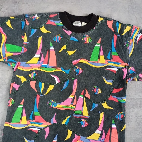 Vintage 90s John Bull PAO Sailboats and Fish Single Stitch T-Shirt UNISEX