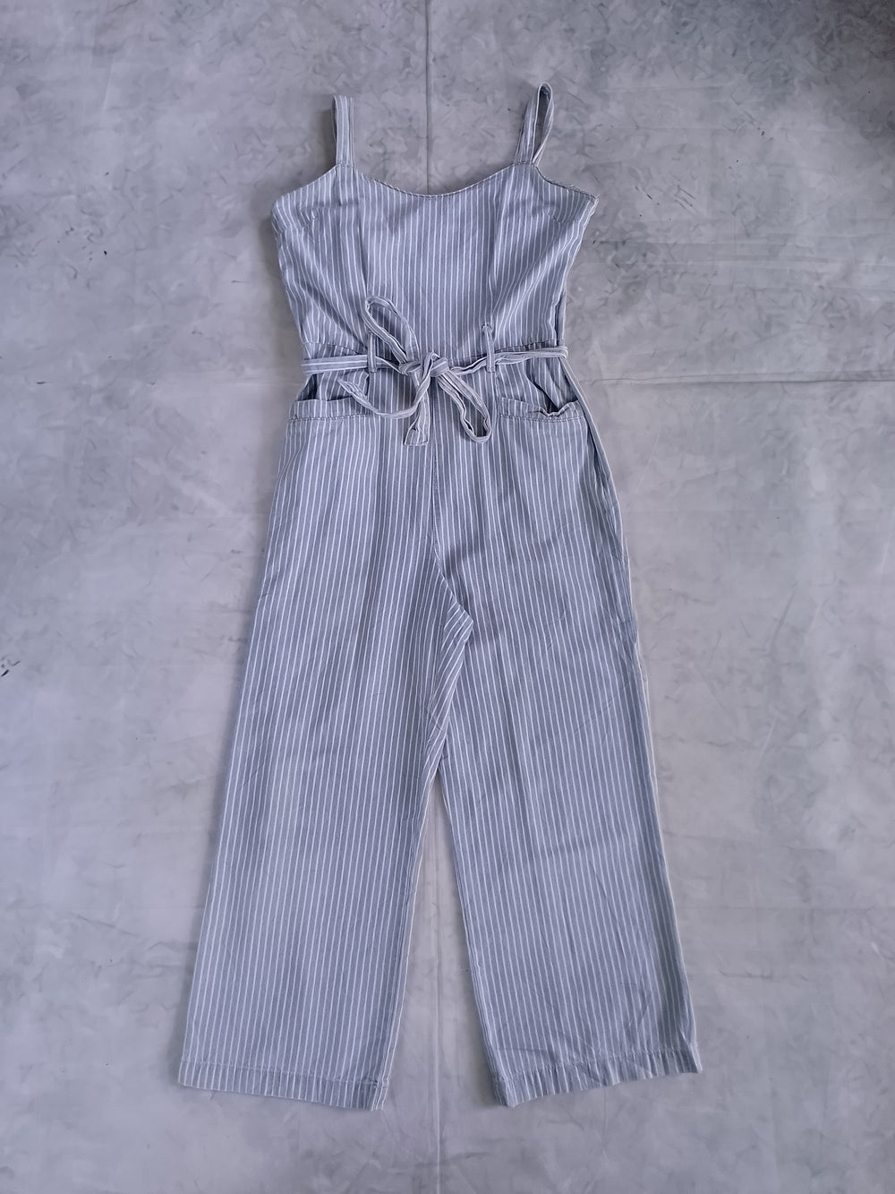 Striped Blue and White Jumpsuit with Waist Tie REWASH BRAND