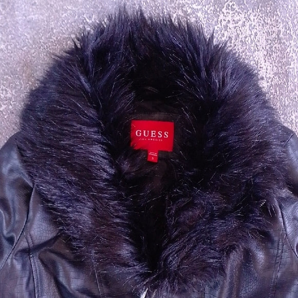 GUESS Black Faux Leather Jacket with Faux Fur Collar
