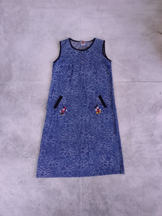 Vintage Disney Mickey Unlimited Denim Floral Pattern Dress with Embroidered Mick
