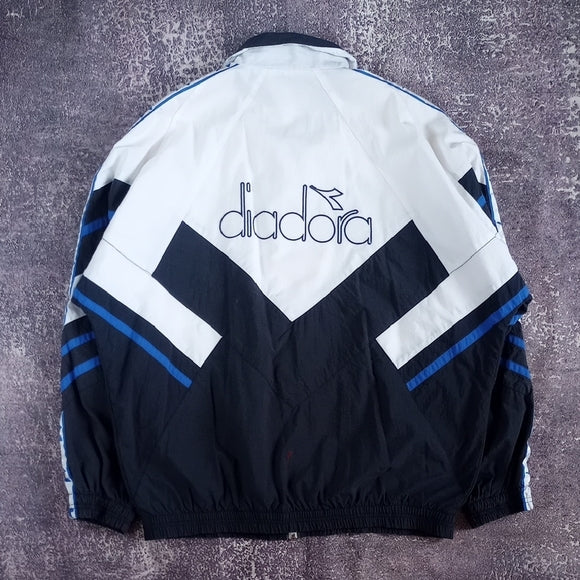 Vintage 1990s Diadora Men's White and Blue Jacket UNISEX Scarborough Soccer Club