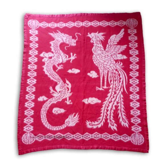 Vintage Chinese Dragon and Phoenix Design Wool Reversible Blanket