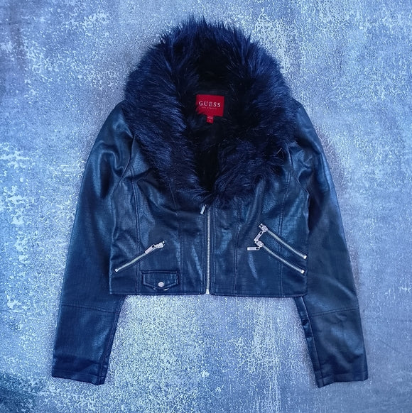 GUESS Black Faux Leather Jacket with Faux Fur Collar