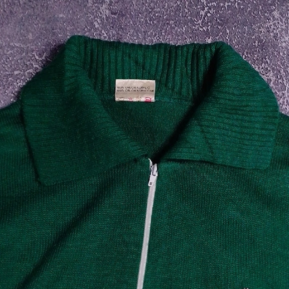 Vintage 80s Seaworth Knitwear Green and White Zip-Up Sweater