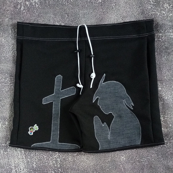 Praying Tupac with Cross Patchwork Shorts – Handcrafted, One-of-a-Kind Unisex