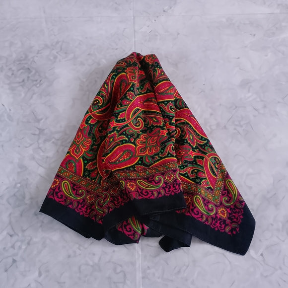 Vintage Paisley Silk Scarf Black Red Green Yellow 30” Square Neckerchief