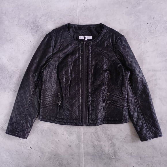 Quilted Faux Leather Jacket - Black - CLEO