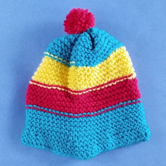 Vintage Hand-Knitted Made-in-Canada Colourful Beanie with Pom Pom