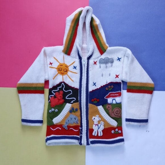 Vintage Handmade Animals & Friends Knitted Zip-Up Sweater