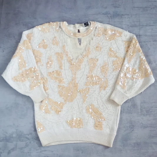 Vintage 80s BONNIE BOERER & COMPANY Bead Bedazzled Elegant Cream Sweater