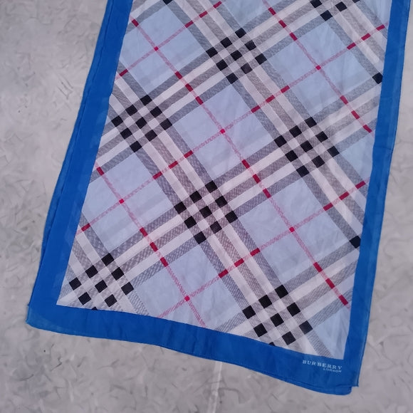 Vintage Burberry Check Handkerchief Scarf Blue Border 60x20 Classic Designer
