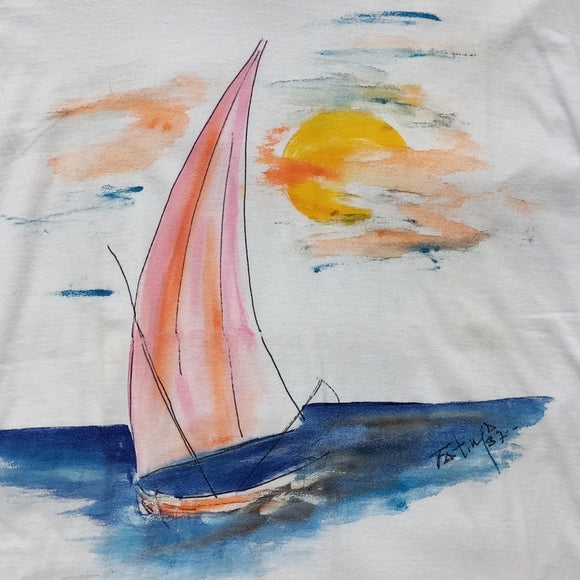 Vintage 1987 Hand Painted Sailboat So Sua R.D. Graphic Single Stitch T-Shirt