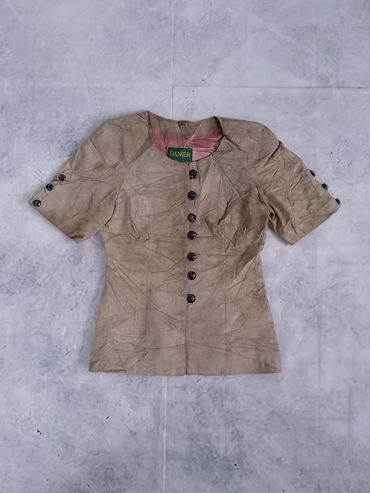 Vintage Danier Taupe Leather Button-Front Short Sleeve Jacket