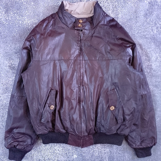 Vintage 80s Leather Bomber Jacket Reversible Made In Hong Kong